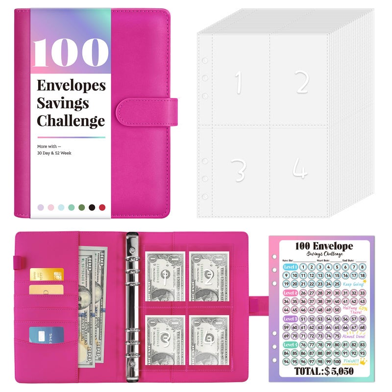 Sooez 100 Envelopes Money Saving Challenge  Savings Challenges Book with Envelopes  Flexible Saving $5050  $2600  $300  Savings Binder with 100 Pocket Pre-number & Reusable Laminated Tracker - Image 1